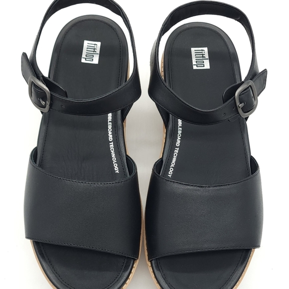 FitFlop Eloise Wedge Sandals Women's Black Leather Cork-Wrap Back-Strap Size 10 - Picture 7 of 9